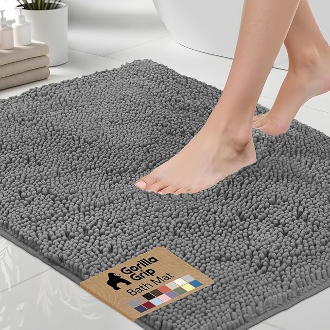 GORILLA GRIP Bath Rug Mat 54x24, Thick Soft Absorbent Chenille, Quick Dry Microfiber Mats, Rubber Backing Washable Shower Floor Rugs, Bathmat Runner, US Designed Bathroom Home Decor Accessories Grey