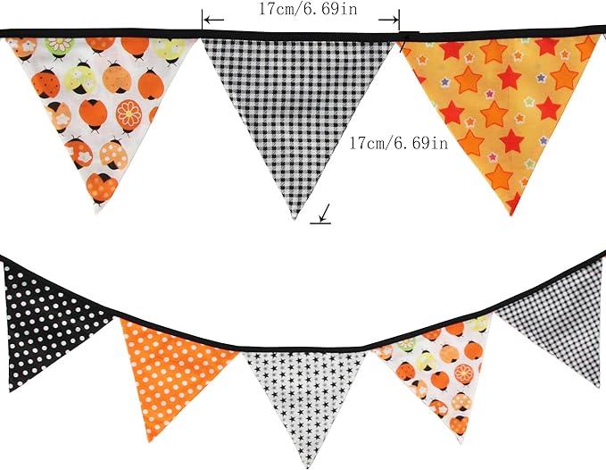 Halloween Pennant Banner, 1 Pack 12 Flags Vintage Halloween Banner Decor Fabric Bunting Flags Orange Garland Fall Decor