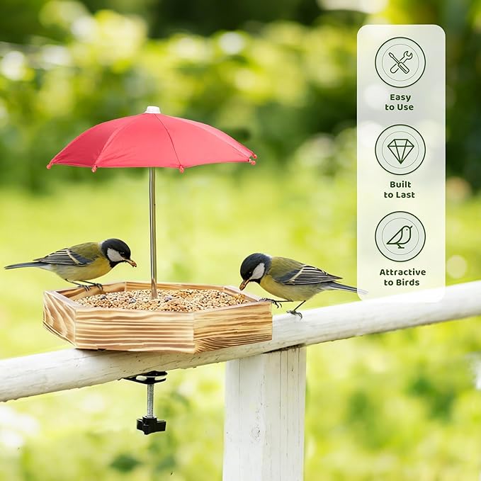 MIXXIDEA Bird Feeder Tray for Railing, Balcony Platform Deck Bird Feeders for Outside, Sturdy Wooden Birds Feeder for Attracting Wild Birds (Brown)