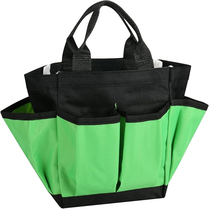 Small Garden Tool Bag Waterproof Gardening Hand Tool Storage Bag Heavy Duty Oxford Tote Organizer Bag with 8 Pockets, Garden Utensil Handbag for Women Men (Green)