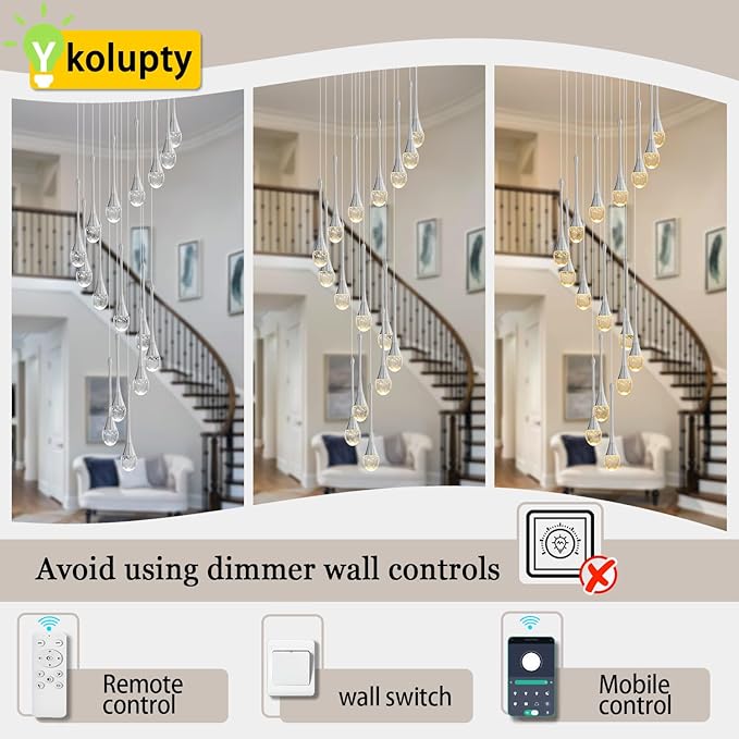 Adjustable 120'' Long Raindrop Crystal Pendant Chandelier 16Lights Silver Staircase Chandeliers High Ceiling Chandelier Loft Slanted Ceiling Fixtures LED Dimmable 2700-6000k