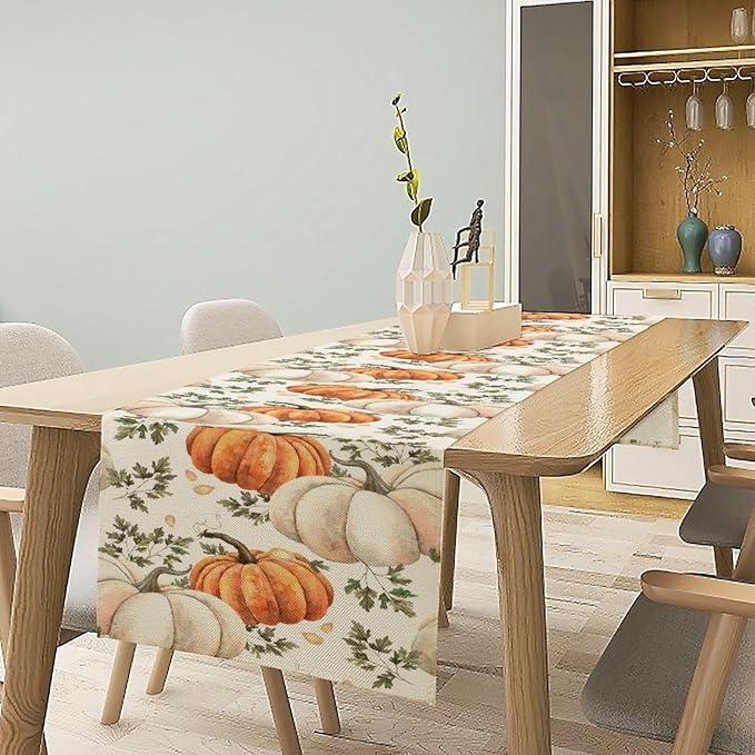 Fall Pumpkin Table Runner White Orange Vegetables Seeds Parsley Watercolor Hand-Painted Illustration Home Decor for Farmhouse Indoor Outdoor Party Holiday Dining Kitchen Restaurant Cafe W13xL120in