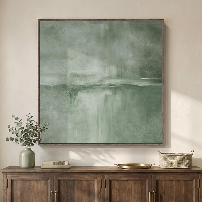 Large Framed Green Abstract Wall Art, Modern Minimalist Sage Green Canvas