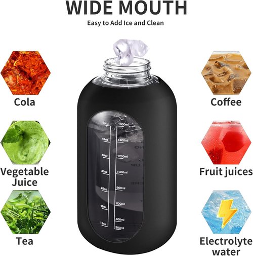 CIVAGO 64 oz Glass Water Bottle - Motivational Jug with Straw & Handle | Black Silicone Sleeve