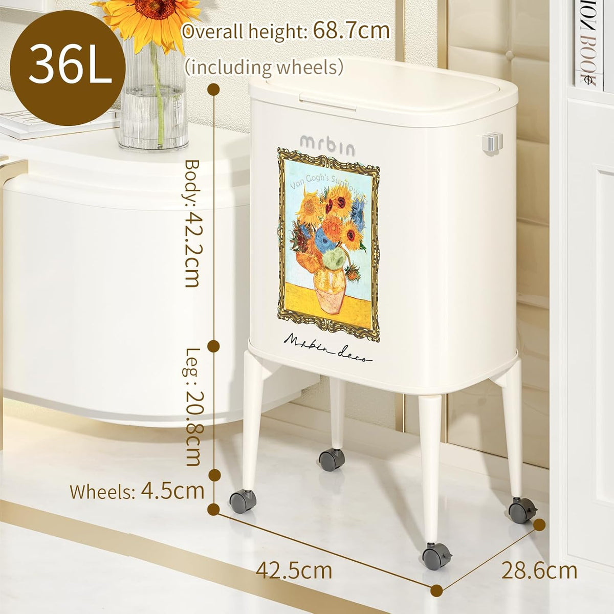 MRBIN Metal Kitchen Trash Can with Wheel Legs, 36L / 9.5gal Medium Press Lid Slim Waste Basket, Pet Proof Tall Narrow Garbage Pail for Vanity, Bedroom, Bathroom, Living Room, Sunflower