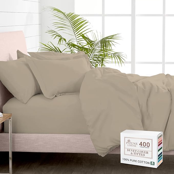 Pizuna 100% Cotton Twin 2 Pc Duvet Cover + 1 Pc Fitted Sheet Set 400 Thread Count Simply Taupe Sateen Weave Luxurious Long Staple Cotton 4 Piece Bedding Set-1 Duvet Cover, 1 Pillow Sham,1 Fitted Sheet