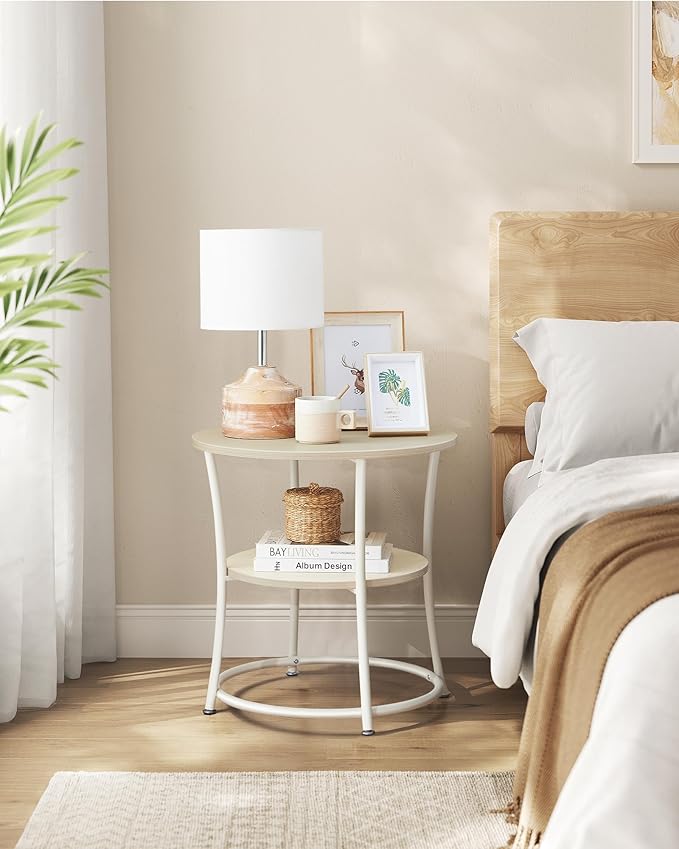 VASAGLE 21.7-Inch Round Side Table, 2-Tier End Table, Nightstand with Steel Frame, Spacious Top, for Small Spaces, Living Room, Bedroom, Natural Beige ULET056N01