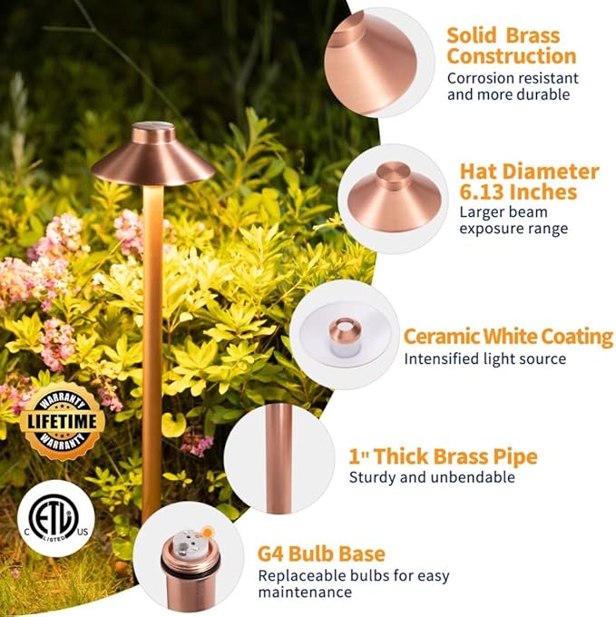 Waterproof Low Voltage Walkway Lights, Brass Copper Outdoor Pathway Light, IP65 LED Bronze Hat Top Sideway Lamp for Driveway Backyard Patio with 3W 270LM 5000K G4 Bulb 12 Pack