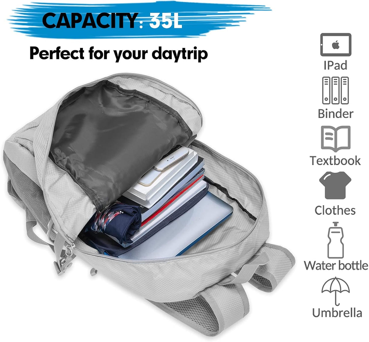 ZOMAKE Lightweight Packable Backpack - 35L Light Foldable Hiking Backpacks Water Resistant Collapsible Daypack for Travel(Dimgray)