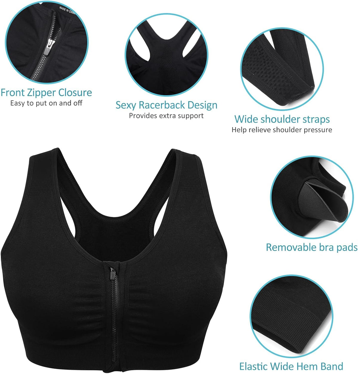 Skiennix Women's Zip Front Sports Bra - Wireless Post-Surgery Comfort for Active Yoga | Black