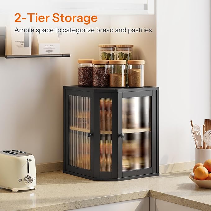 HOOBRO Bamboo Bread Box, Kitchen Countertop Corner Bread Box, Large Capacity 2-Tier Bread Container, Bread Storage Container with Dual Rippled Acrylic Doors, for Kitchen Food Storage, Black BK12MB01