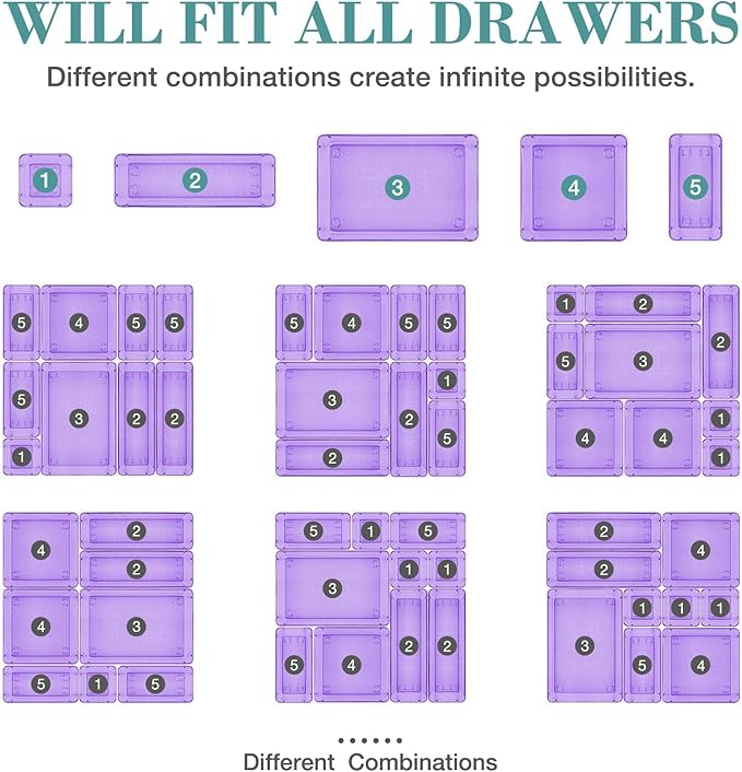 25 PCS Drawer Organizer Set, 4 Varied Size Bathroom and kitchen Drawer cabinet organizer Trays, Clear Storage Bins for Makeup, Jewelry, Utensils and Gadgets， Purple