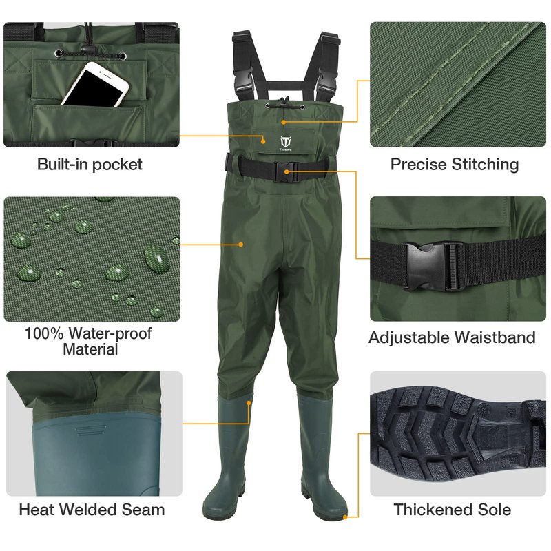 TIDEWE Bootfoot Chest Wader, 2-Ply Nylon/PVC Waterproof Fishing & Hunting Waders with Boot Hanger for Men and Women Green Size 14