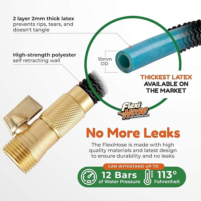 Flexi Hose Plus Expandable Garden Hose with 8 Function Nozzle, 75FT - Lightweight Retractable Garden Hose, Water Hose - No-Kink Flexibility, 3/4 Inch Solid Brass Fittings Includes Hook & Bag