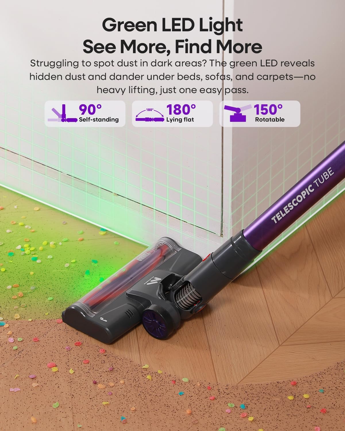 AlloyMove Cordless Vacuum Cleaner 45KPA, Up to 60mins Runtime Lightweight Powerful Suction Vacuum Cleaners for Home, 3 Suction Modes, Rechargeable Stick Vacuum for All Floor/Carpet/Pet Hair/Car, A03