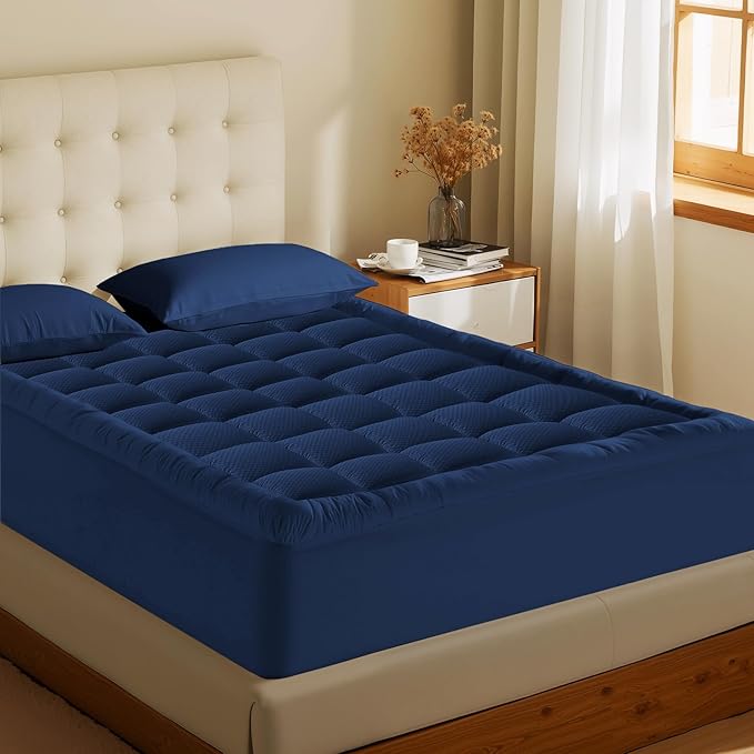 MATBEBY California King Mattress Pad - Cooling Breathable Mattress Topper, Quilted Fitted Mattress Protector, Pillow Top Mattress Cover with 8-21" Deep Pocket, Machine Washable, Navy Blue, Cal King