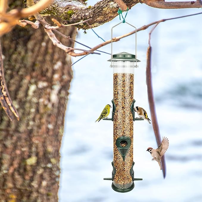 Metal Bird Feeder Tube Hanging Wild Bird Seed Feeder Aluminum Six Port Bird Feeders,1.4 mm Extra Thick Solid Tube Transparent with Steel Hanger Great for Attracting Birds (Green 2PK)
