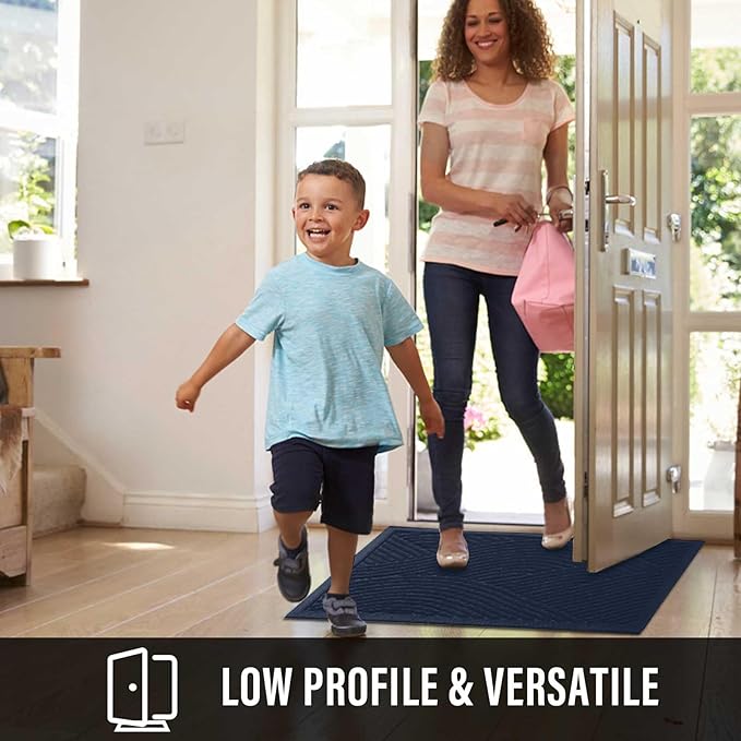 Sturdy Front Door Mat, Absorbent Muddy Dirt Resist Welcome Door Mats Outdoor Indoor, Stain and Fade Resistant, Non-Slip Backing Entry Mat Low Profile Doormat for Entryway, 36×24, Blue
