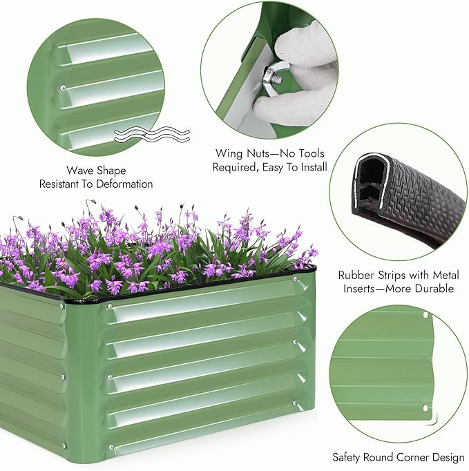 INNO STAGE Galvanized Raised Garden Bed Kits, 2x2x1ft Metal Raised Garden Beds Outdoor, Steel Raised Planter Bed with Gloves for Vegetables & Flowers Patio Ground Planter Box (Olive Green, 2PCS)
