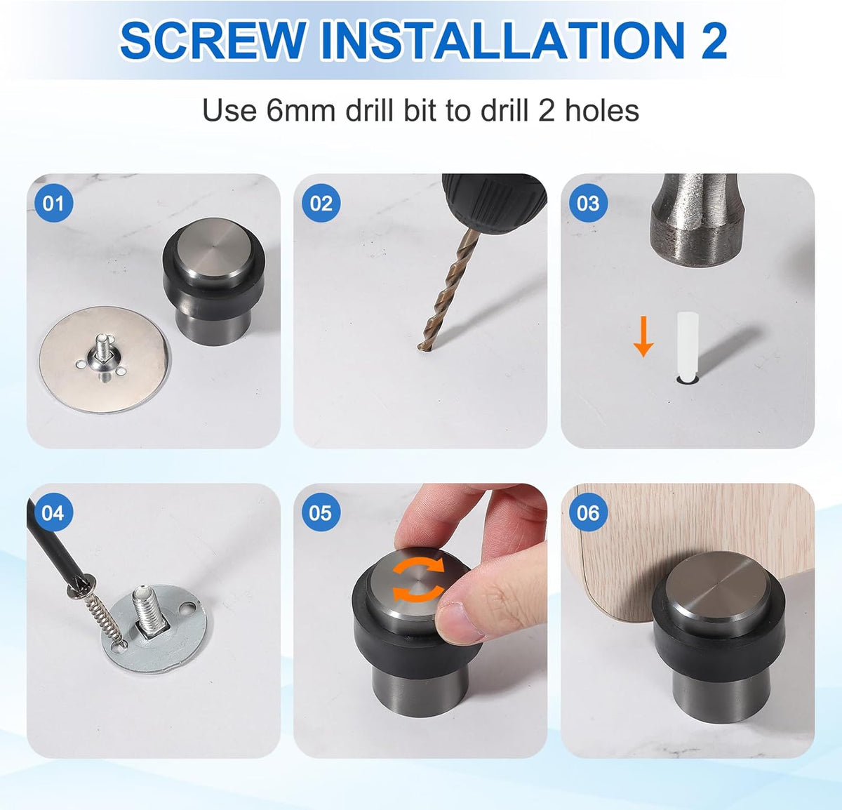 PATIKIL 2Set Round Door Stoppers, 60mm Stainless Steel Door Stop Doorstop Wedge Metal Cylinder Self Adhesive with Screw for Bottom of Door Floor Inside, Black