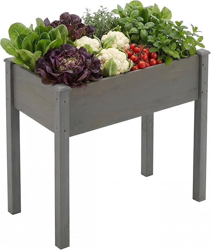 DUMOS Raised Garden Bed with Legs, 34x18x30 Inch Planter Box Outdoor with Liner for Herbs Flowers Vegetables, Elevated Wooden Garden Bed for Patio, Balcony and Backyard, Dark Grey