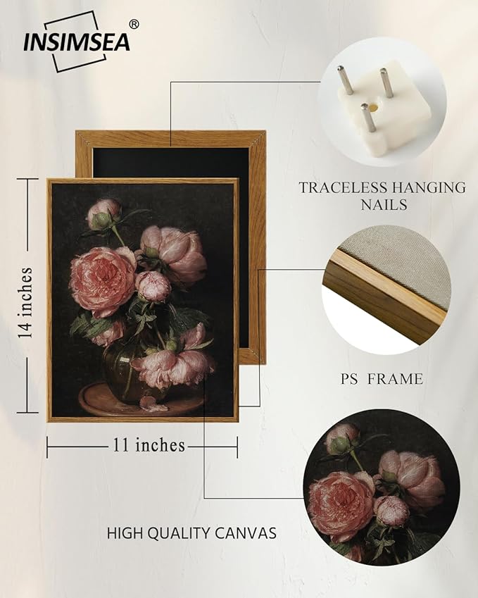 InSimSea Framed Canvas Prints Art Vintage Decor, Botanical Wall Art Prints, Peony Flower Paintings, Flower Pictures Wall Decor for Bedroom Farmhouse Bathroom, 11"x14"
