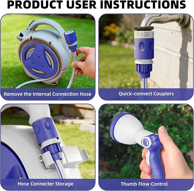 Retractable Garden Hose Reel 1/2 Inch x 50 FT | Heavy Duty Rewind Wall Mount Hose Holder with 10-Pattern Spray Nozzle for Garden Watering, Car & Boat Washing, Pet Cleaning