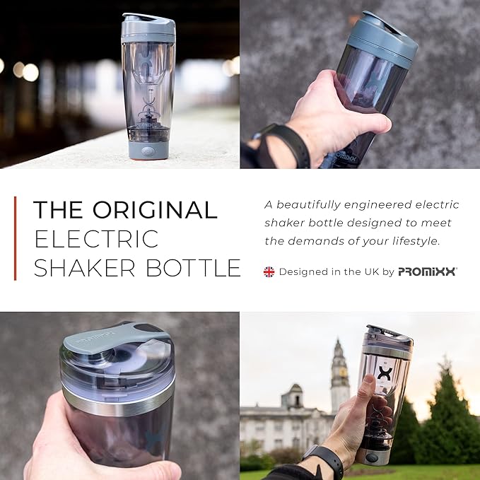 Promixx Pro Shaker Bottle | Rechargeable, Powerful for Smooth Protein Shakes | includes Supplement Storage - BPA Free | 20oz Cup (Graphite Gray)