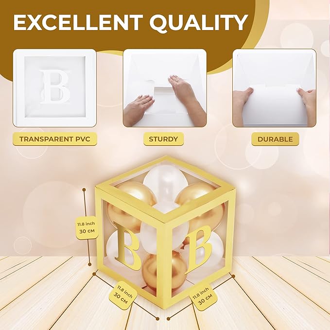 Baby Shower Boxes with Letters – Gold Boxes with Gold & White Balloons – 44-Piece Gender Reveal & Party Decoration Set by Vellax