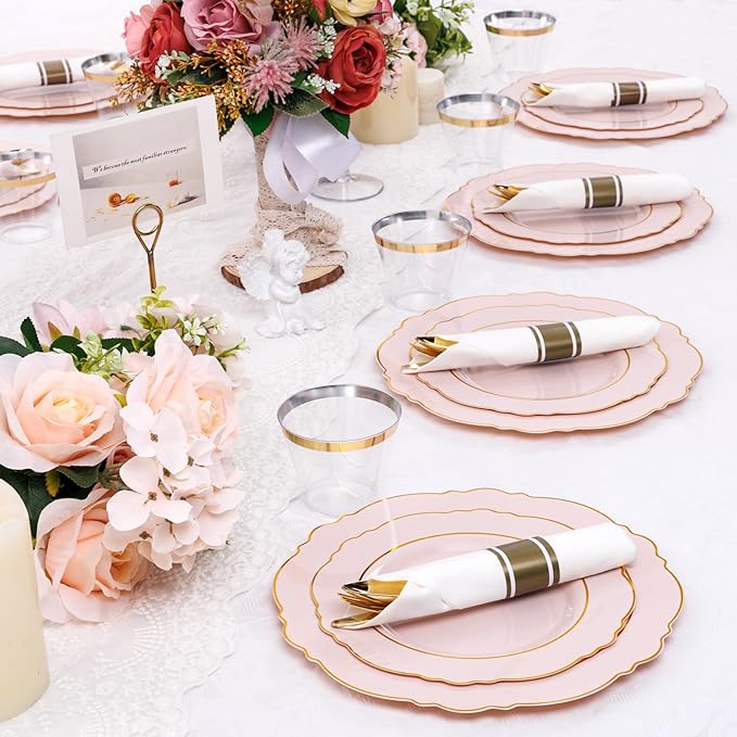 Liacere 350PCS Pink Plates Disposable - Pink and Gold Plates 50guest Baroque Plastic Dinnerware include 100Plates, 50Pack Pre Rolled Napkins with Silverware 50Cups Perfect for Valentine's Day