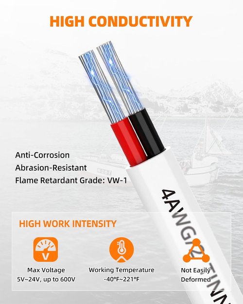 Marine Grade 4 Gauge Wire - Tinned Copper, IP68 Waterproof & Corrosion-Resistant | 50FT Length
