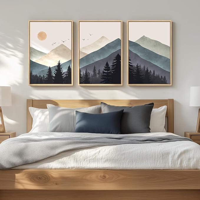 Framed Boho Mountain Landscape Wall Art for Living Room, Large Bohemian Forest Canvas Paintings Artwork for Walls, 3 Piece Nature Wall Picture for Hallway Bedroom Office Wall Decor, 24x36 Inch