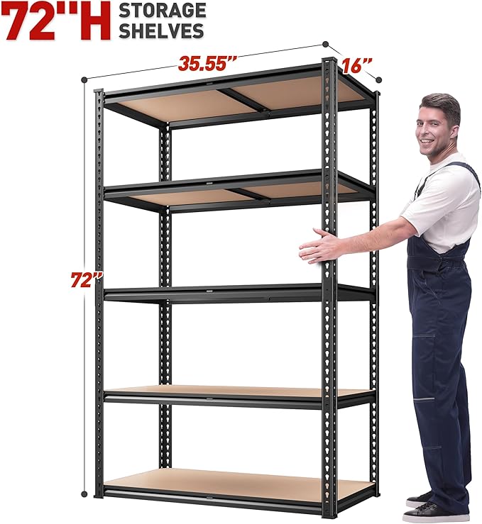 REIBII 2020LBS Storage Shelves 5 Tier Garage Shelving Heavy Duty, Adjustable Metal Shelving Unit, Garage Shelves for Basement, Warehouse, Pantry, 72" H x 35.55" W x 16" D, Black, 4 Pack