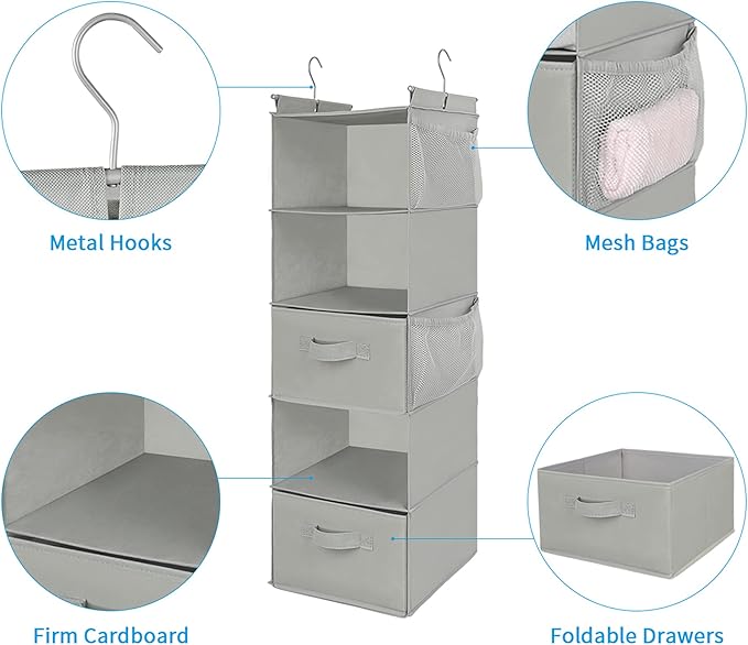 MAX Houser 5 Tier Shelf Hanging Closet Organizer, Cloth Hanging Shelf with 2 Sturdy Hooks for Storage, Foldable (Light Grey-D2)