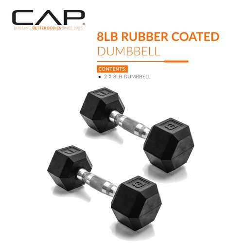 CAP 8 LB Rubber Coated Hex Dumbbell Hand Weight - Pair | Chrome Handle