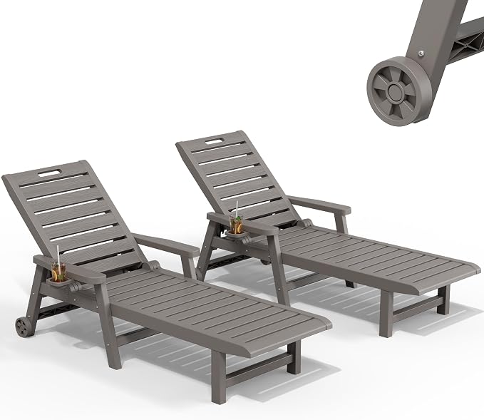 Patio Lounge Chairs Set of 2, Outdoor Chaise Lounge with Cup Holder | 5-Position Reclining, Easy-Glide Lockable Wheels, Built-In Cup Holder with Armrests, Patio Garden, Beach Pool-Side, Rust-Free