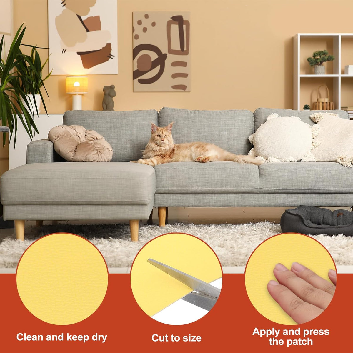 PATIKIL Leather Patches Tape for Furniture, 6.3 x 61 Inch Self Adhesive Vinyl Leather Repair Kit Cover Sheet for Couch, Sofa, Car Seats, Office Chair, Bright Yellow