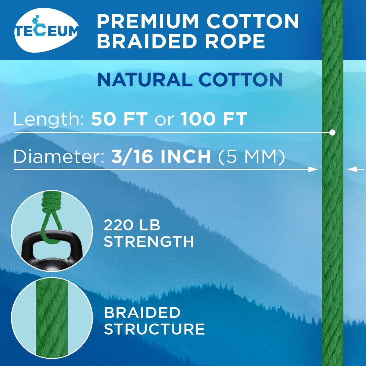 TECEUM Cotton Rope 3/16” (5 mm) – 100 FT – Strong All-Purpose Braided Rope – Natural Cotton – for Crafting, Сamping, Clothes Line, DIY, Indoor & Outdoor Use – Green