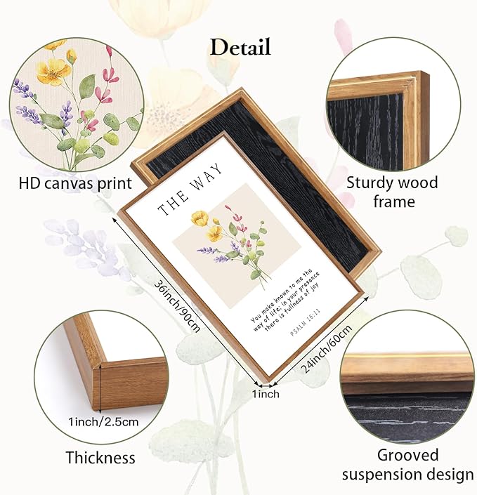 CHDITB Bible Verse Floral Framed Canvas Wall Art Set, Scripture Wall Decor, Christian Watercolor Botanical Painting, Inspirational Faith Art Prints for Living Room, Bedroom, Office 24"x36"x3