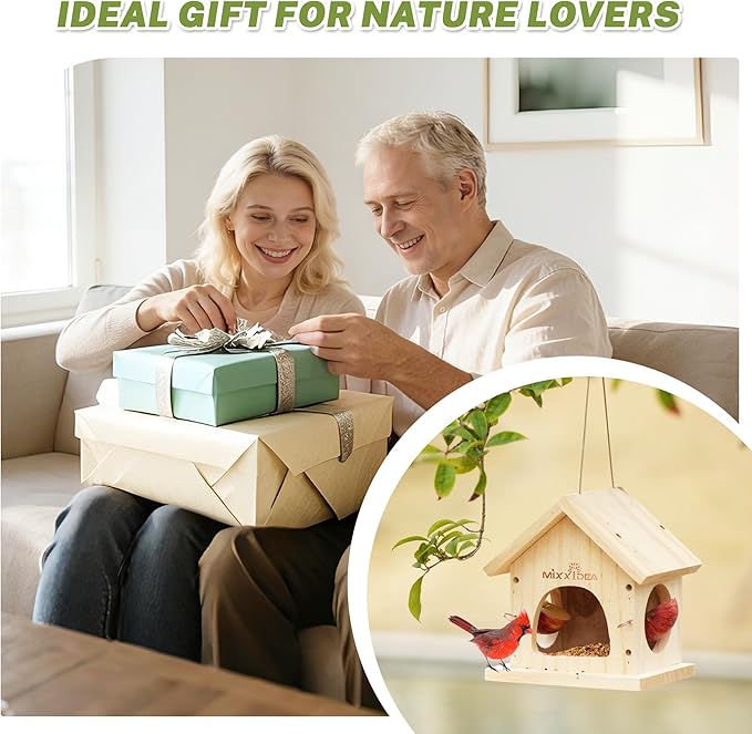 MIXXIDEA Deck Bird Feeder for Railing, Wooden Balcony Deck Bird Feeders for Outside, with Metal Clamp, Easy to use (1pk)