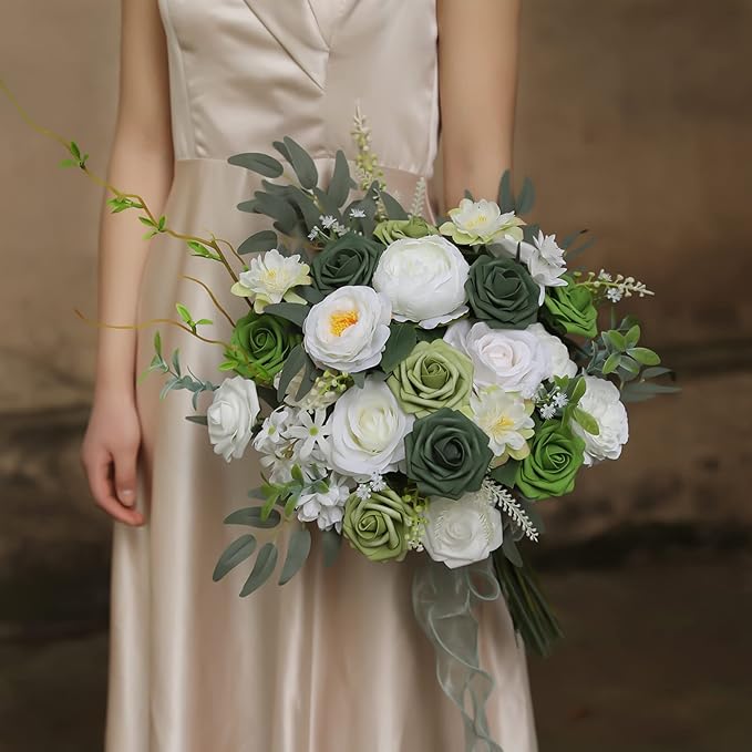 YYHUAWU Artificial Flowers Combo Box Set Forest Green Color Foam Fake Roses with Stems for DIY Wedding Bouquets Centerpieces Baby Shower Party Home Decorations