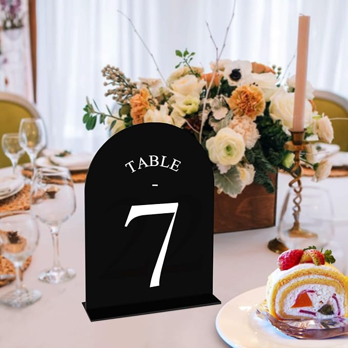 JOYIT Arch Wedding Table Numbers 1-20 with Stands – Double-Sided Printed 5" X 7" Acrylic Table Signs with Black Background White Text, Perfect Acrylic Table Numbers for Wedding Receptions, Parties, Anniversaries, and Events