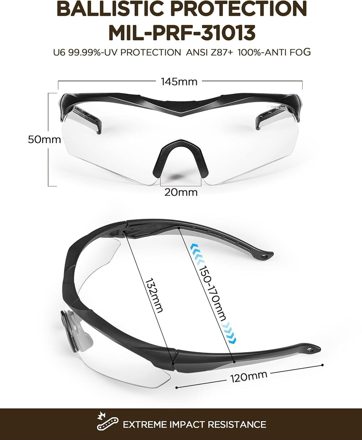 Skiennix Anti-Fog Shooting Glasses - Tactical Wrap-Around Design | Clear HD Lens & UV Protection