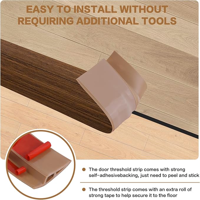 Floor Transition Strip Vinyl Door Threshold Ramp Self Adhesive Carpet Edging Strip Doorway Edge Trim, Overlap Edge Reducer for Laminate Carpet, Floor, Tile (Brown Wood Grain, 1/5" to 2/5", 3.3Ft)
