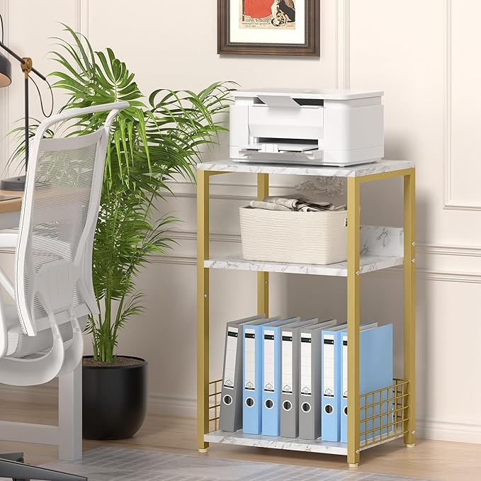 LELELINKY Large White Marble Record Player Stand with Golden Metal Frame, 3 Tier 18" Wide Big End Table with Vinyl Storage Up to 130 Albums, Industrial Turntable Printer Tables for Living Room, Office