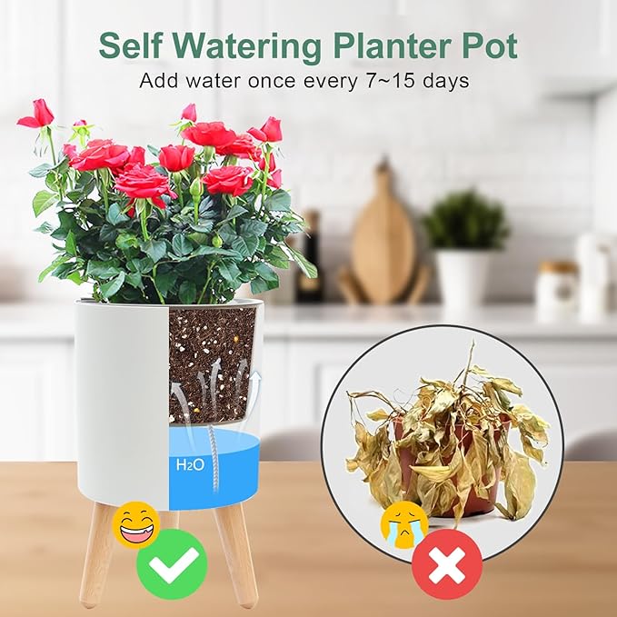 Oliz 7.8 Inch Planter Pot with Solid Wood Legs, Self Watering Planter Pots with Water Shortage Alarm Planter Pot for Indoor Outdoor Modern Flower Planter for Home & Garden(White)
