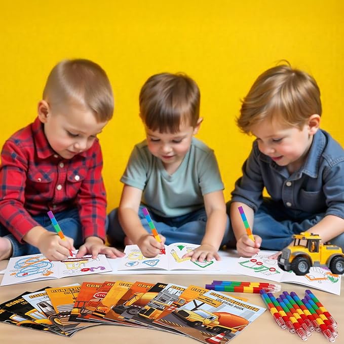 BenLouis 24 Construction Mini Coloring Books Kids with 24 Stacking Crayons Excavator Theme Party Favors Activity Books Bulk for Kids Construction Birthday Goodie Bag Gift Stuffer Classroom Reward