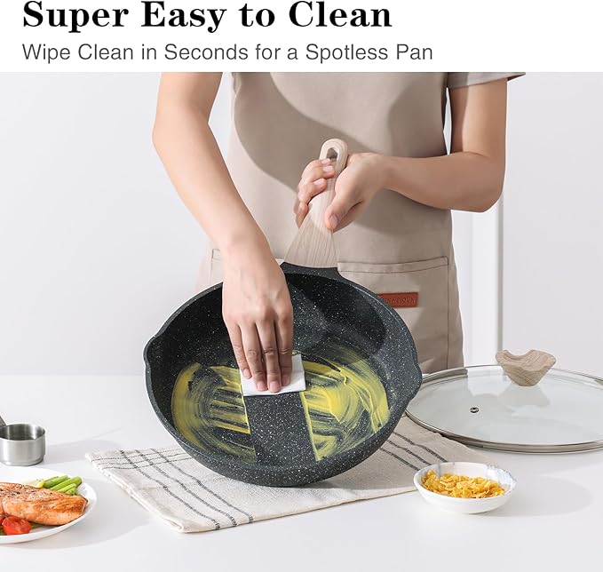 Nonstick Frying Pan Skillet with Lid, 9.5 Inch Granite Egg Omelet Pan, Healthy and Non Toxic, Induction Compatible, PFOA Free