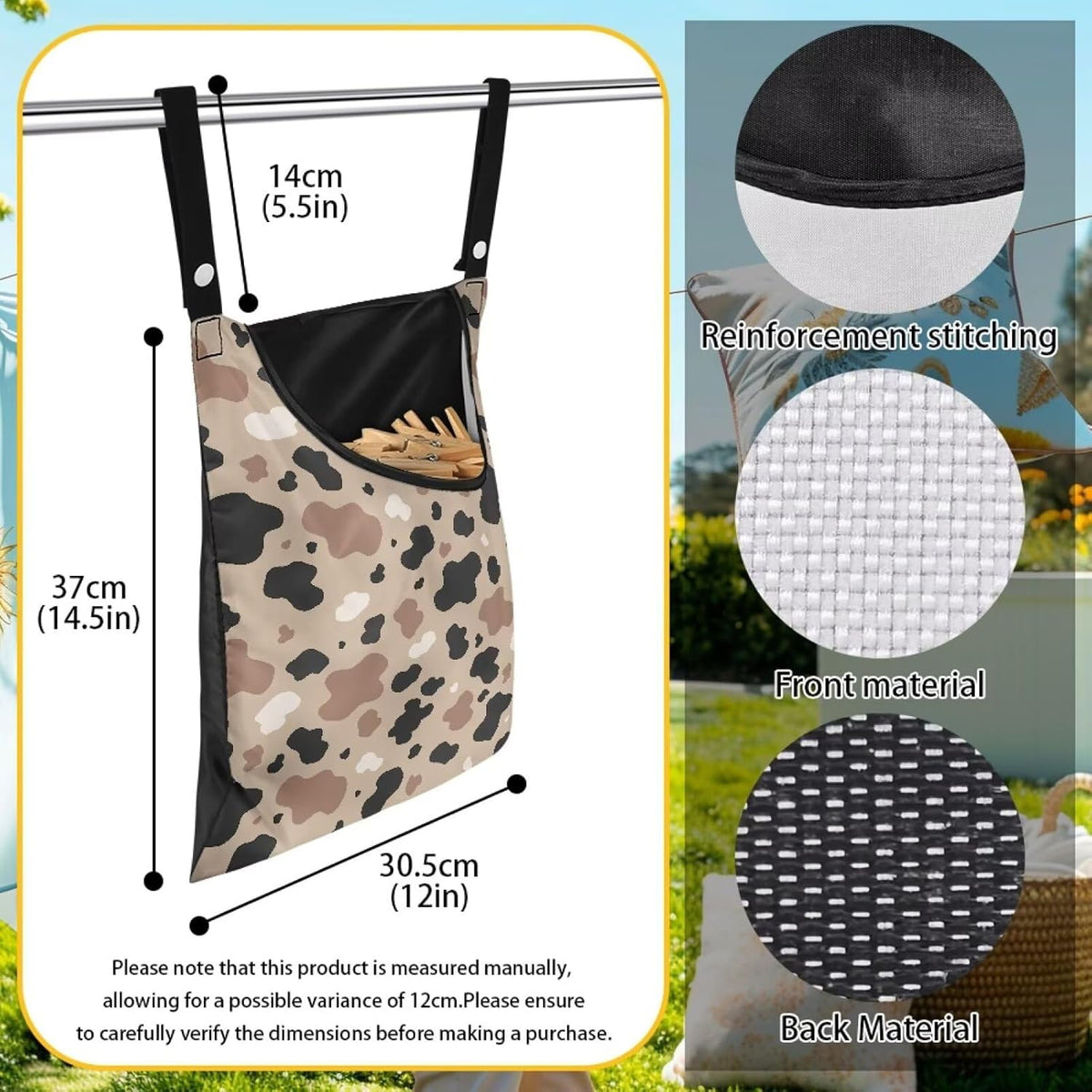 Clothes Pin Hanging Bag, Clothes Pins Bag Holder Outdoor Stylish Clothespin Bag with Hanging Rope for Clothespin - Cow Pattern