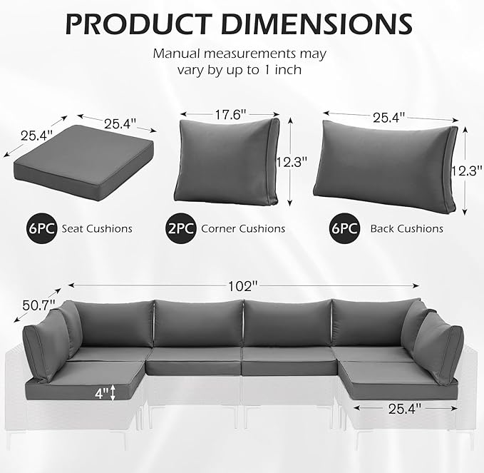 HOMREST 4" Thick Outdoor Replacement Cushions, Water-Resistant Patio Seat Cushions 25x25, Non-Slip 14-Piece Set for 6-Seat Rattan Wicker Sectional Sofa,Gray